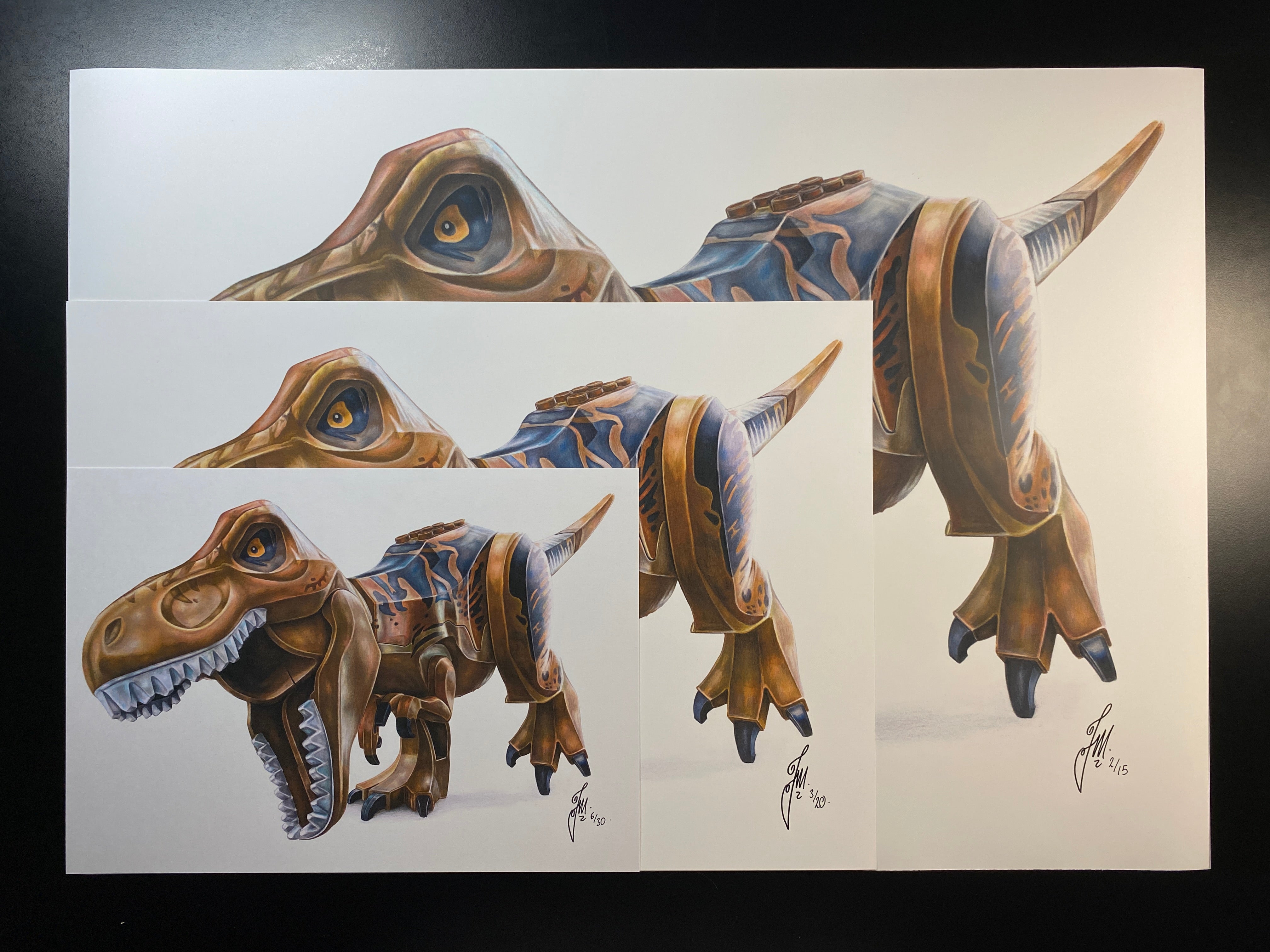 limited edition art print of realistic coloured pencil drawing of the LEGO T-Rex Minifigure by Tom Mothersole
