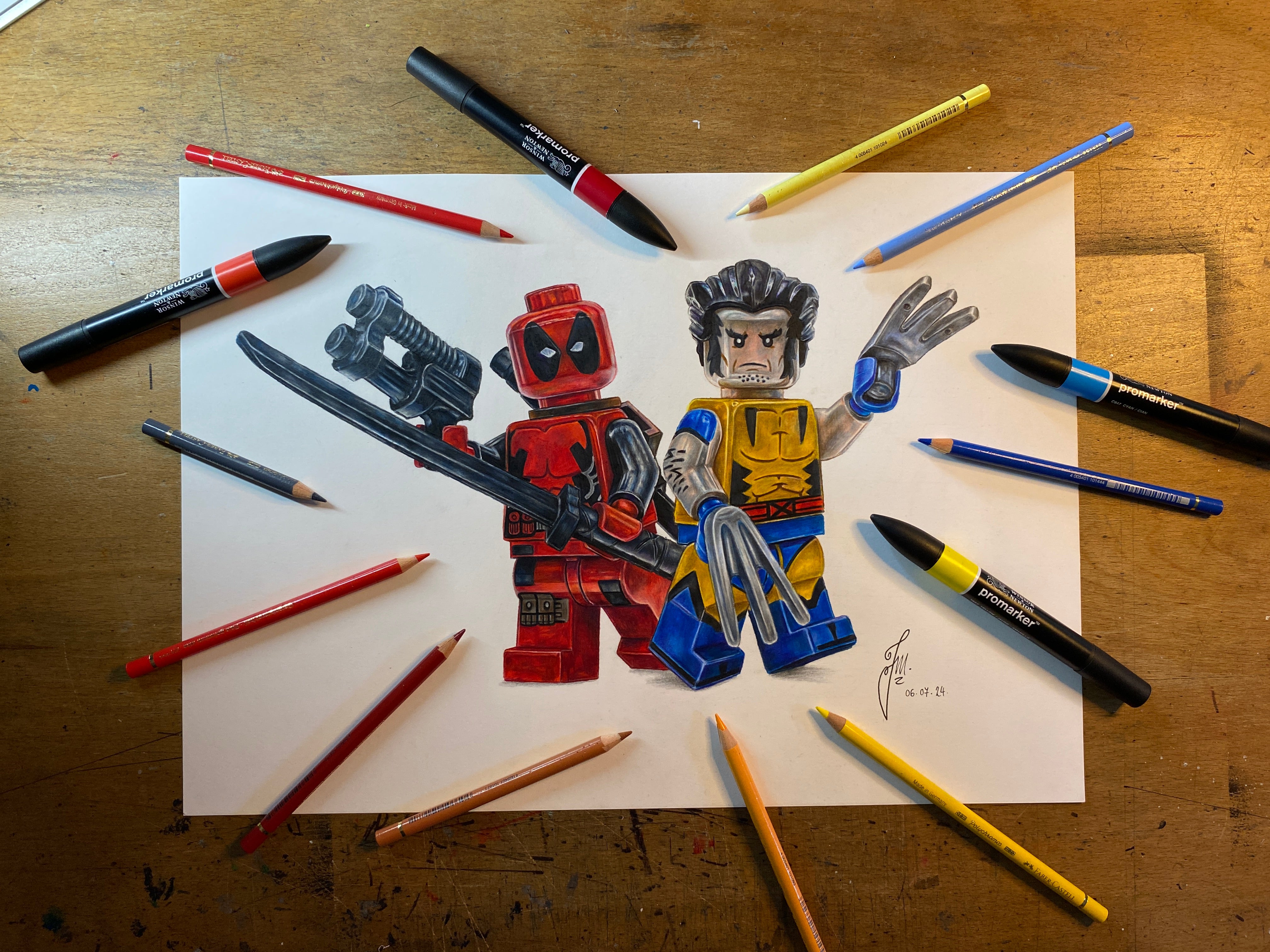 Realistic coloured pencil drawing of the LEGO Deadpool and Wolverine Minifigures marvel fan art by tom mothersole