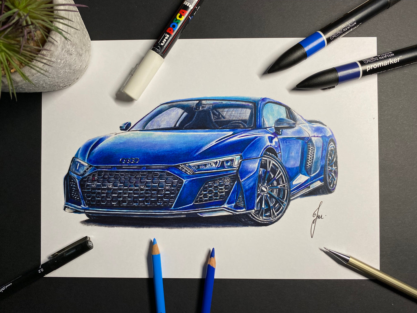 Blue Audi R8 Drawing - PRINT