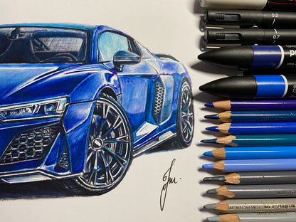 Blue Audi R8 Drawing - PRINT