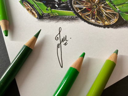 A4 limited edition art print of realistic coloured pencil drawing of LEGO Technic Lamborghini Sian FKP 37 hype car by tom mothersole lego artist