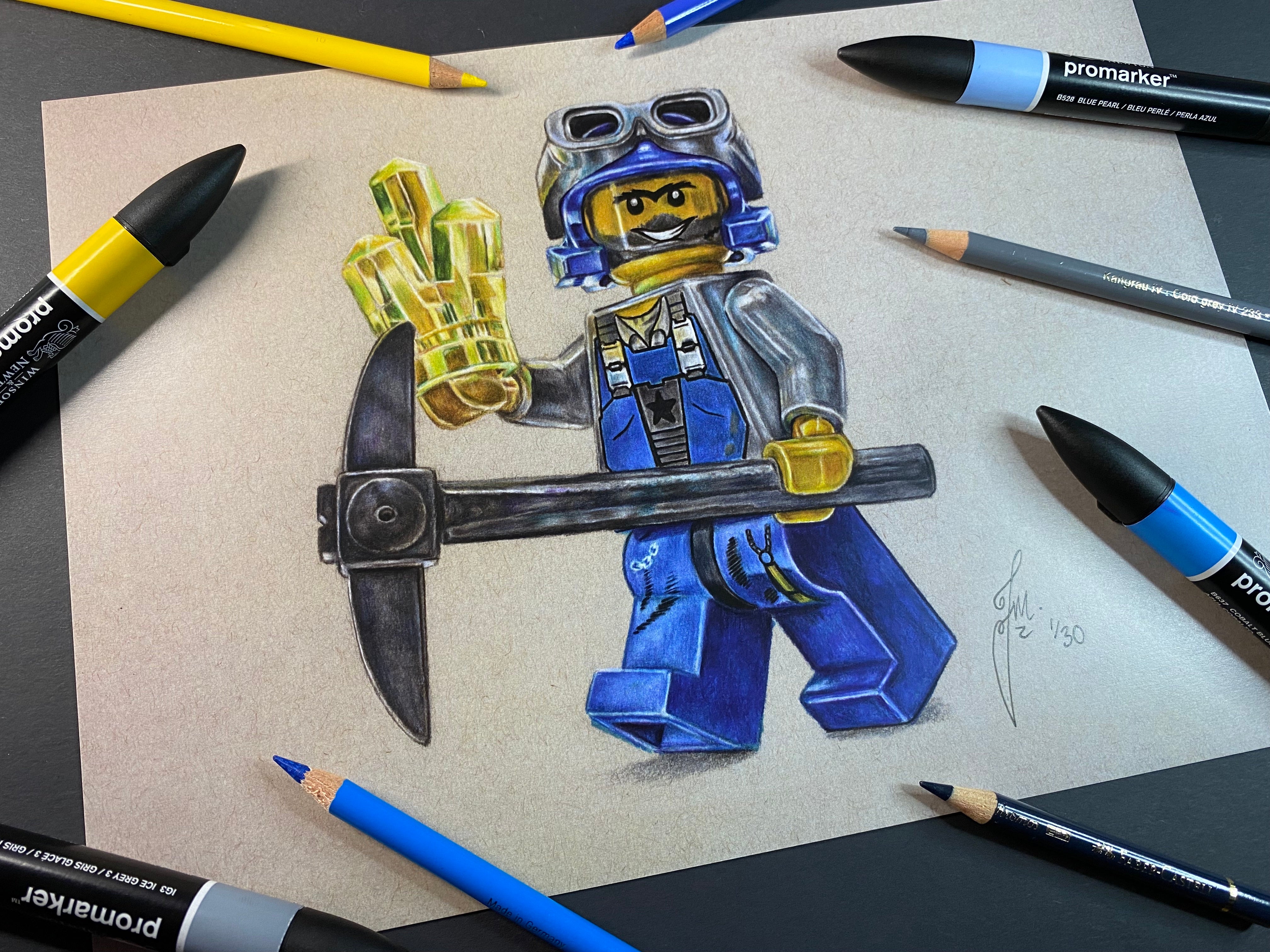 A4 limited edition art print of my realistic coloured pencil drawing of the LEGO Power Miner Minifigure by tom mothersole lego art gift idea