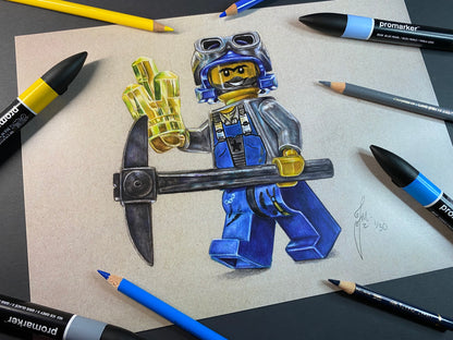 A4 limited edition art print of my realistic coloured pencil drawing of the LEGO Power Miner Minifigure by tom mothersole lego art gift idea