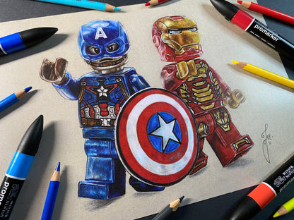 A4 limited edition art print of my LEGO captain america and iron man minifigure coloured pencil drawing marvel avengers fan art by tom mothersole