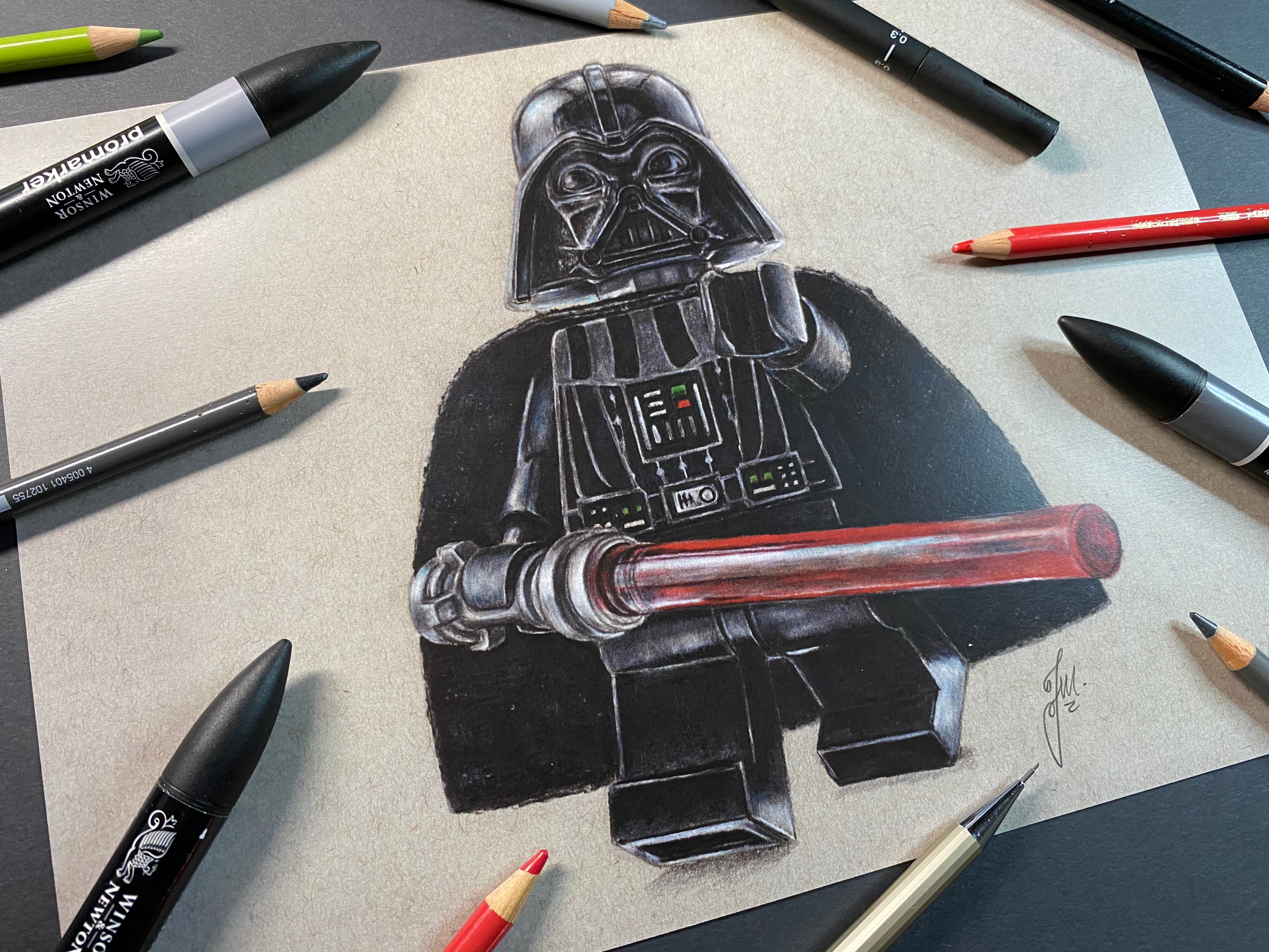 Limited edition art print of my realistic coloured pencil drawing of the LEGO Darth Vader Minifigure from starwars by tom mothersole lego art