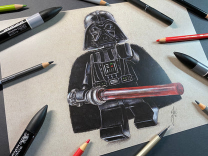 Limited edition art print of my realistic coloured pencil drawing of the LEGO Darth Vader Minifigure from starwars by tom mothersole lego art