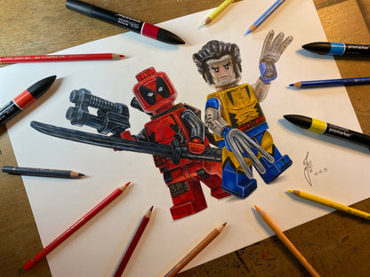 Limited edition art print of tom mothersoles realistic coloured pencil drawing of the LEGO Deadpool and Wolverine Minifigures marvel fan art