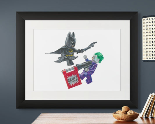 Framed, limited edition print of my realistic coloured pencil drawing of the LEGO Batman and Joker Minifigures