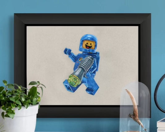 framed limited edition print of a lego spaceman Minifigure coloured pencil drawing