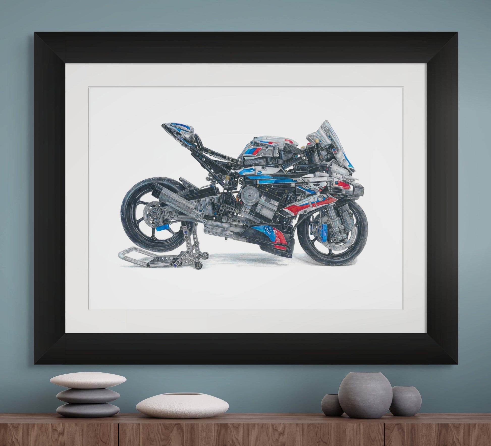 Framed A2 print of a realistic pencil drawing of the LEGO Technic BMW M 1000 RR motorbike