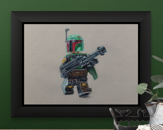 Framed print of the LEGO Boba Fett Minifigure coloured pencil drawing