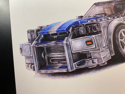 Framed A4 art print of the LEGO Nissan Skyline R34 speed champion coloured pencil drawing from the fast and furious films by tom mothersole