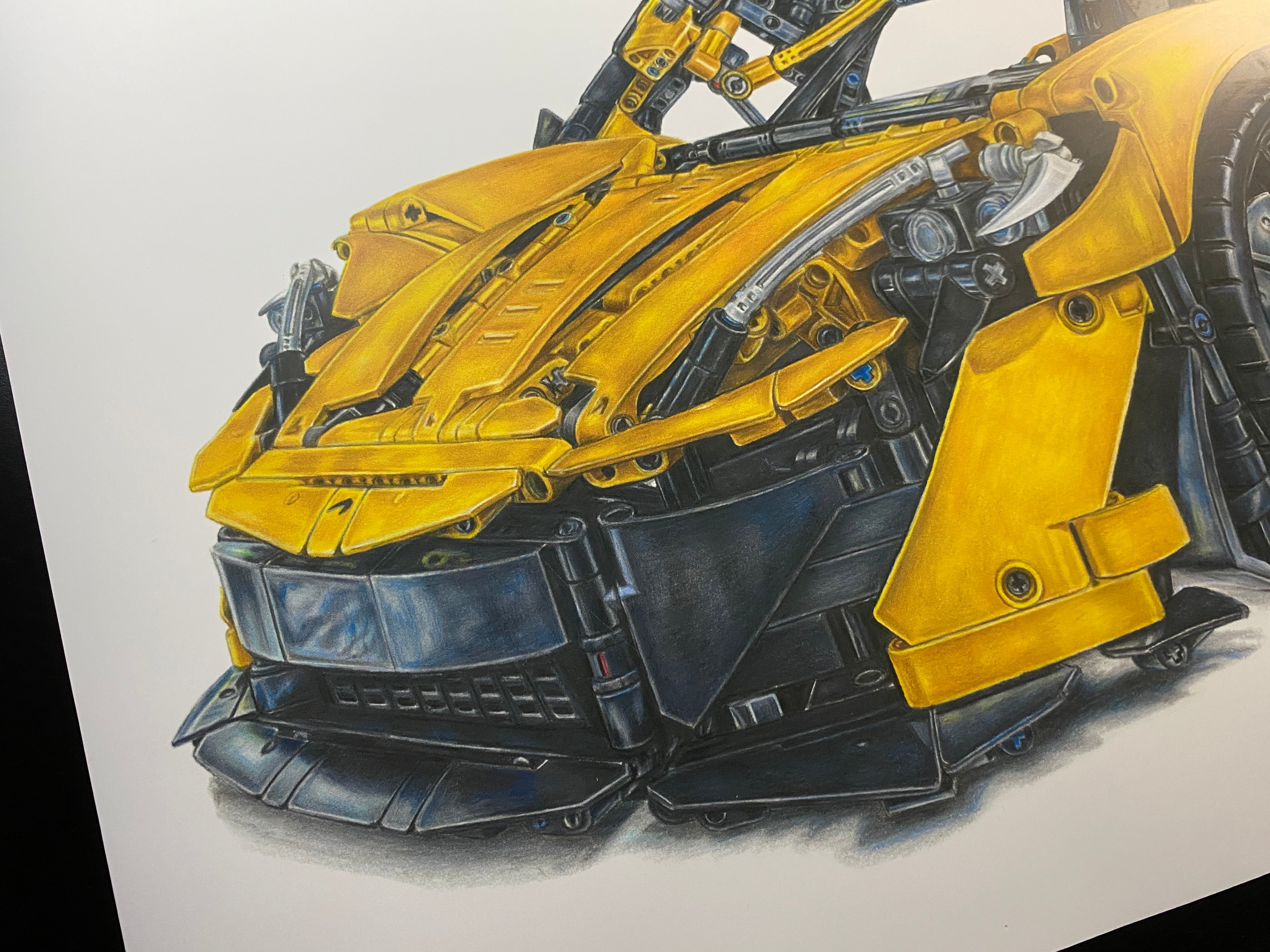 signed limited edition art print of a realistic coloured pencil drawing of the yellow LEGO Technic McLaren P1 super car model by tom mothersole