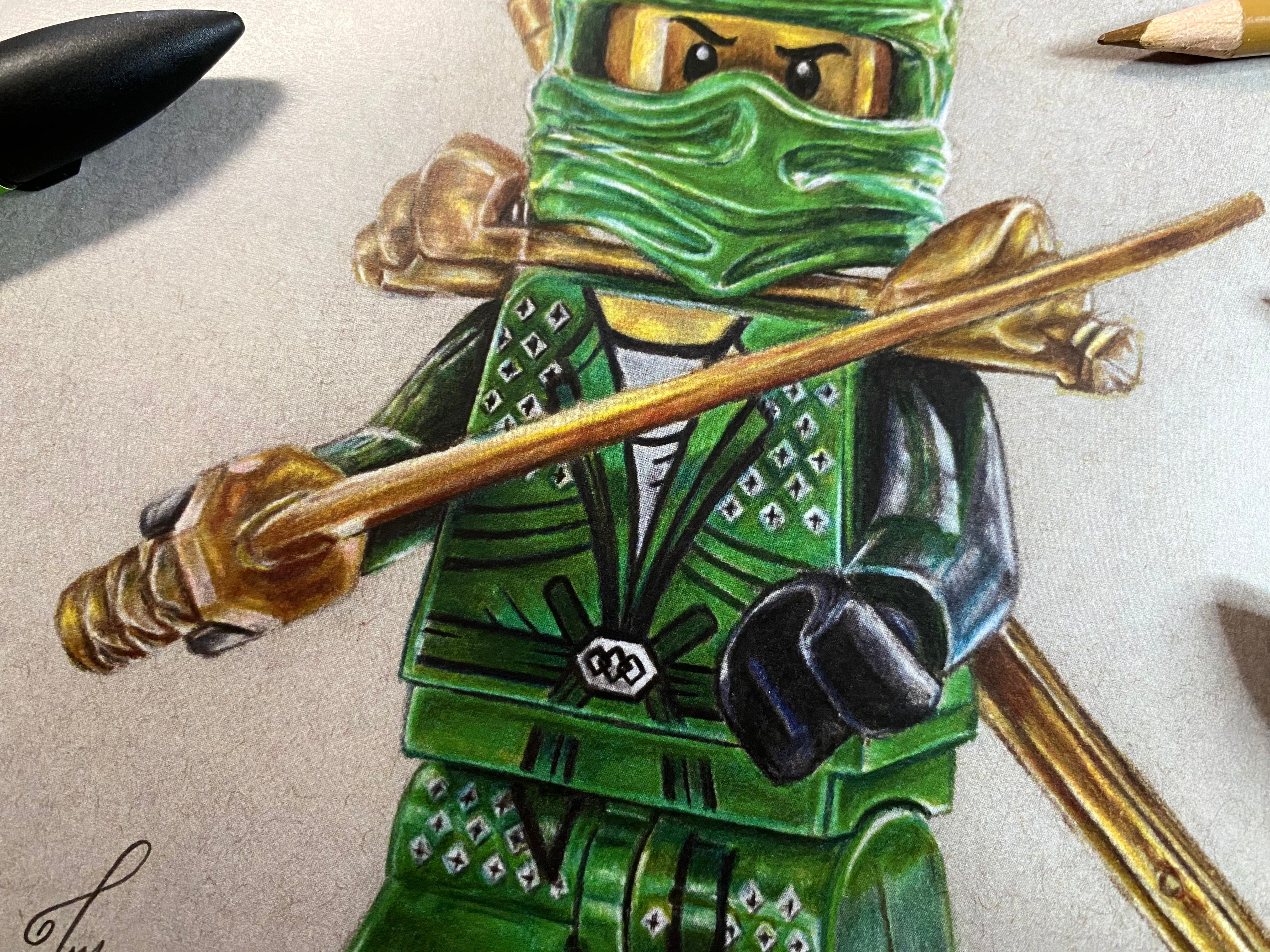 signed, limited edition art print of tom mothersole's realistic coloured pencil drawing of the LEGO Lloyd Garmadon Minifigure from Ninjago 