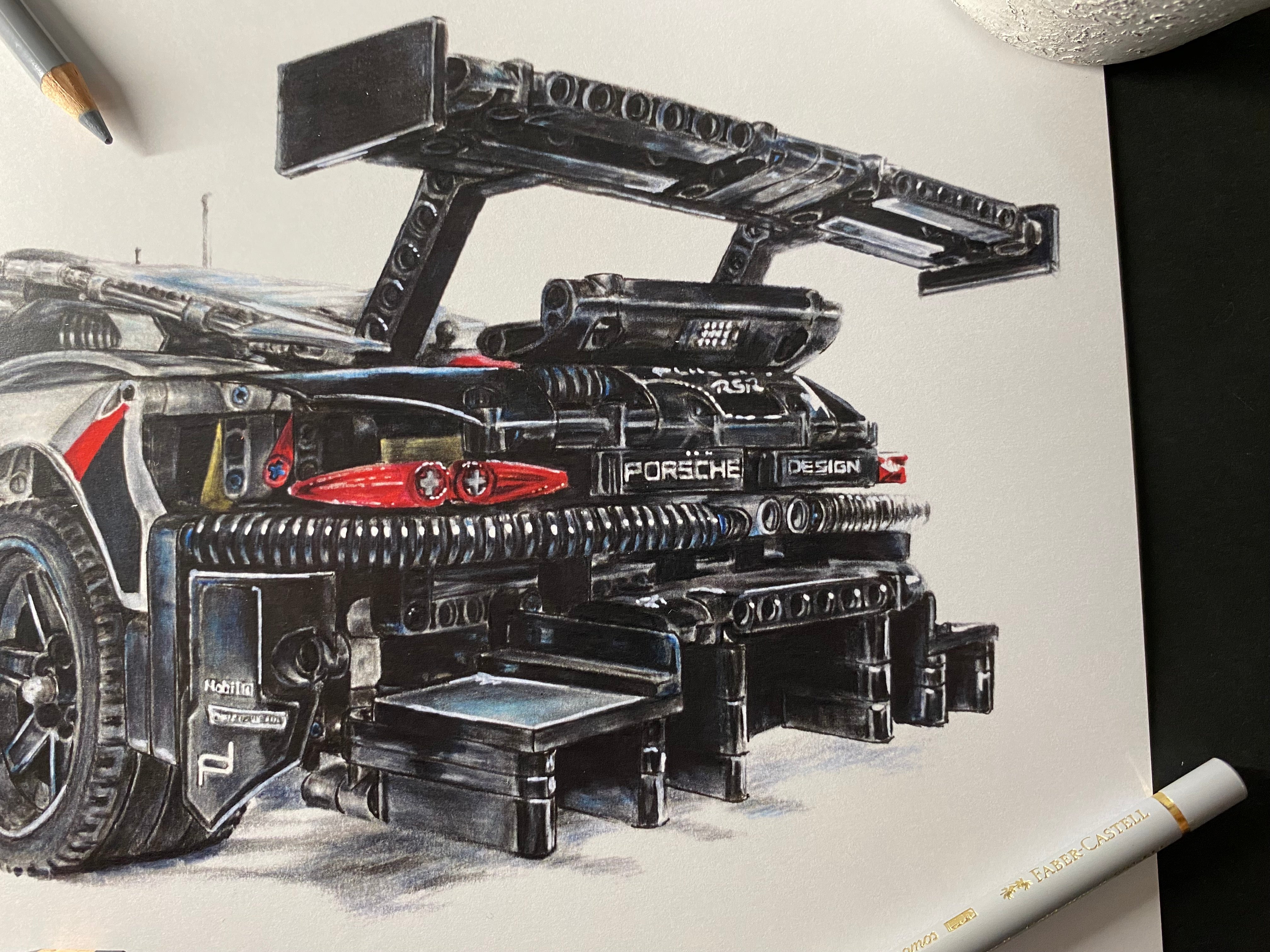realistic coloured pencil drawing of the LEGO Technic Porsche 911 RSR sports car