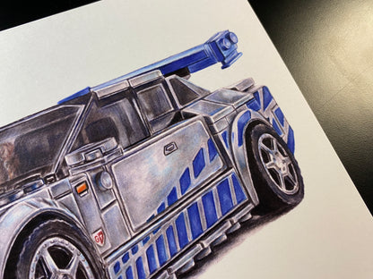 Framed A4 art print of the LEGO Nissan Skyline R34 speed champion coloured pencil drawing from the fast and furious films by tom mothersole
