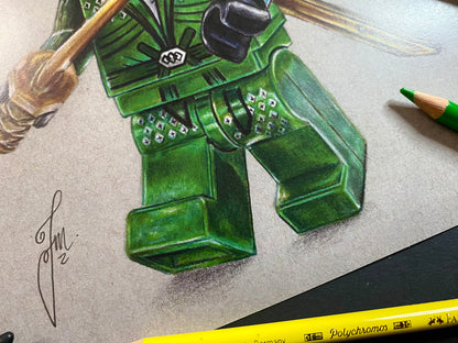 signed, limited edition art print of tom mothersole's realistic coloured pencil drawing of the LEGO Lloyd Garmadon Minifigure from Ninjago 
