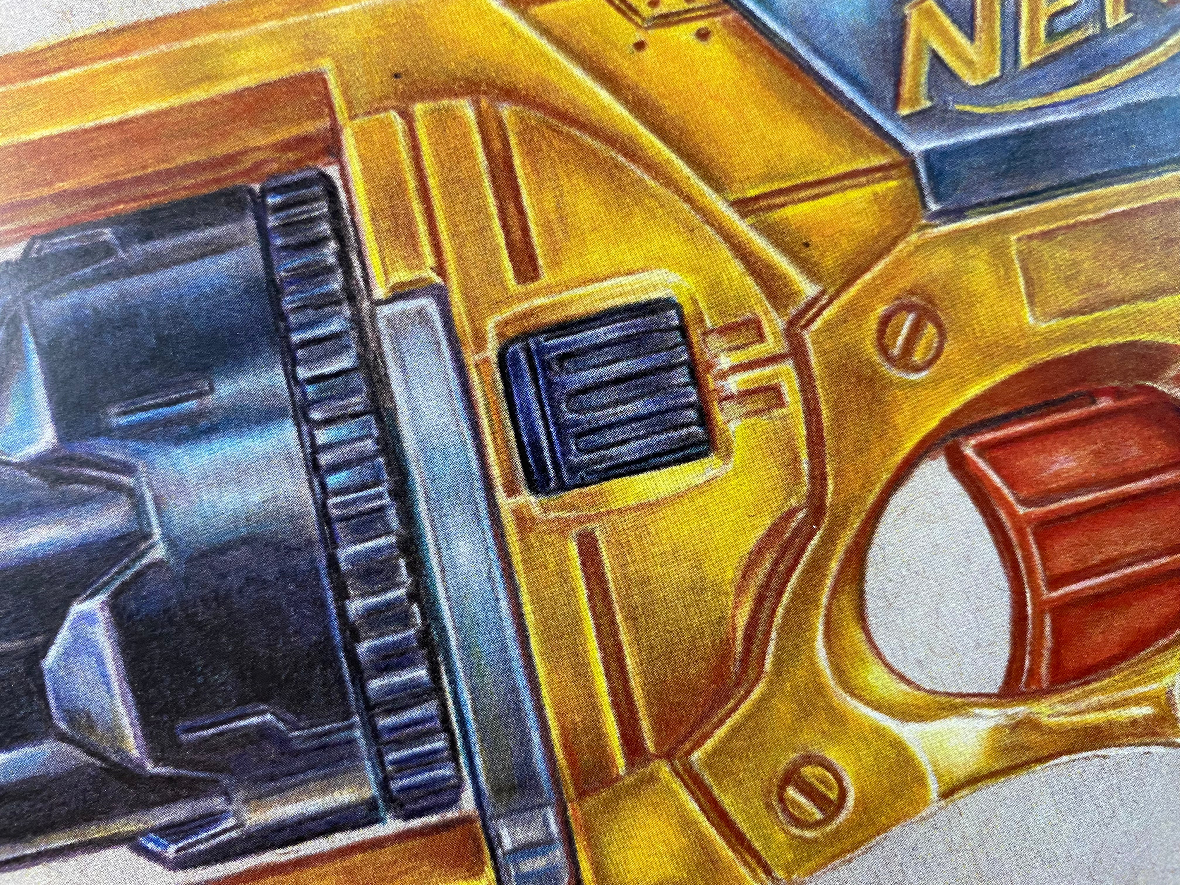 limited edition art print of realistic coloured pencil drawing of the Nerf Maverick blaster by tom mothersole 