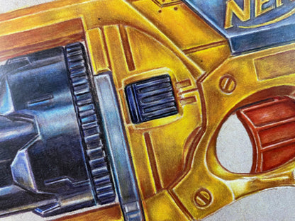 limited edition art print of realistic coloured pencil drawing of the Nerf Maverick blaster by tom mothersole 