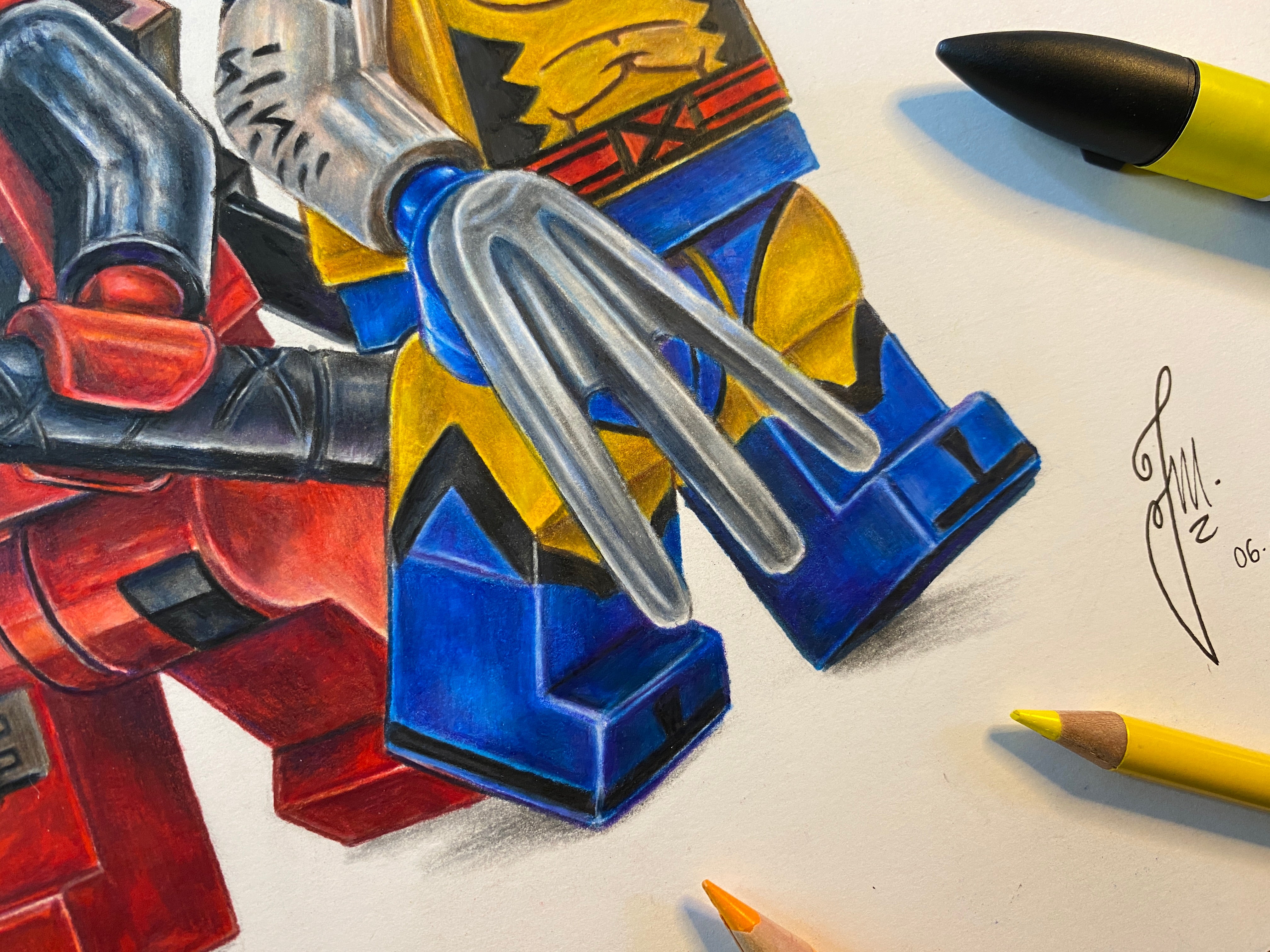 Limited edition art print of tom mothersoles realistic coloured pencil drawing of the LEGO Deadpool and Wolverine Minifigures marvel fan art