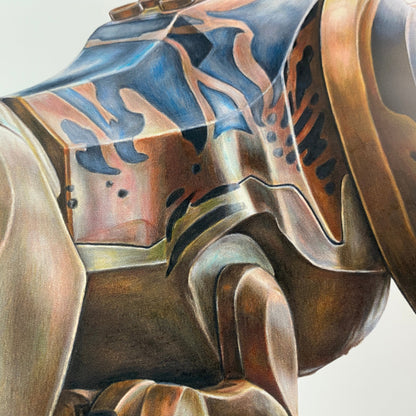 close up of a detailed realistic coloured pencil drawing of a lego t-rex body