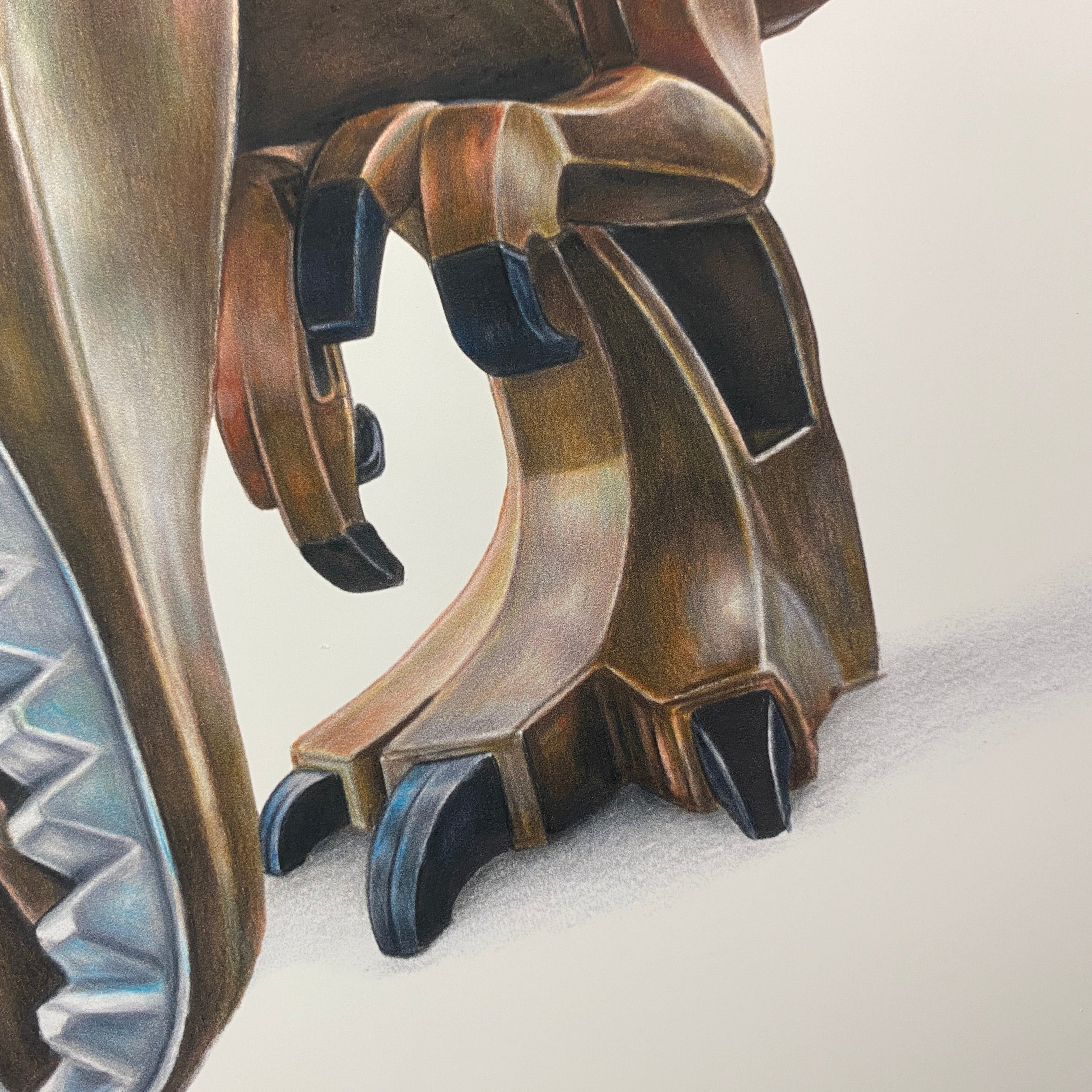 close up of a detailed realistic coloured pencil drawing of a lego t-rex claw