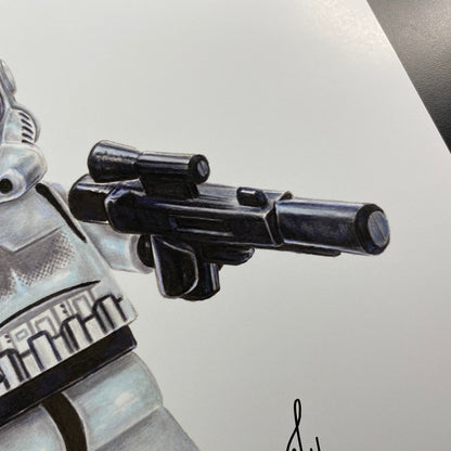 LEGO Star Wars stormtrooper drawing holding a blaster on a white background