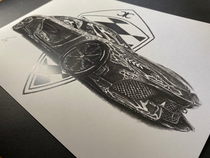 limited edition art print of the Koenigsegg Gemera super car graphite pencil drawing by Tom Mothersole Art