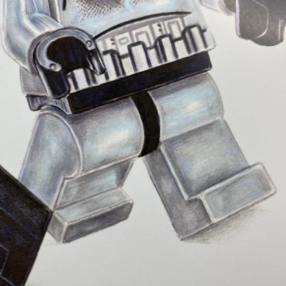 close up of realistic lego leg drawing of starwars stormtrooper