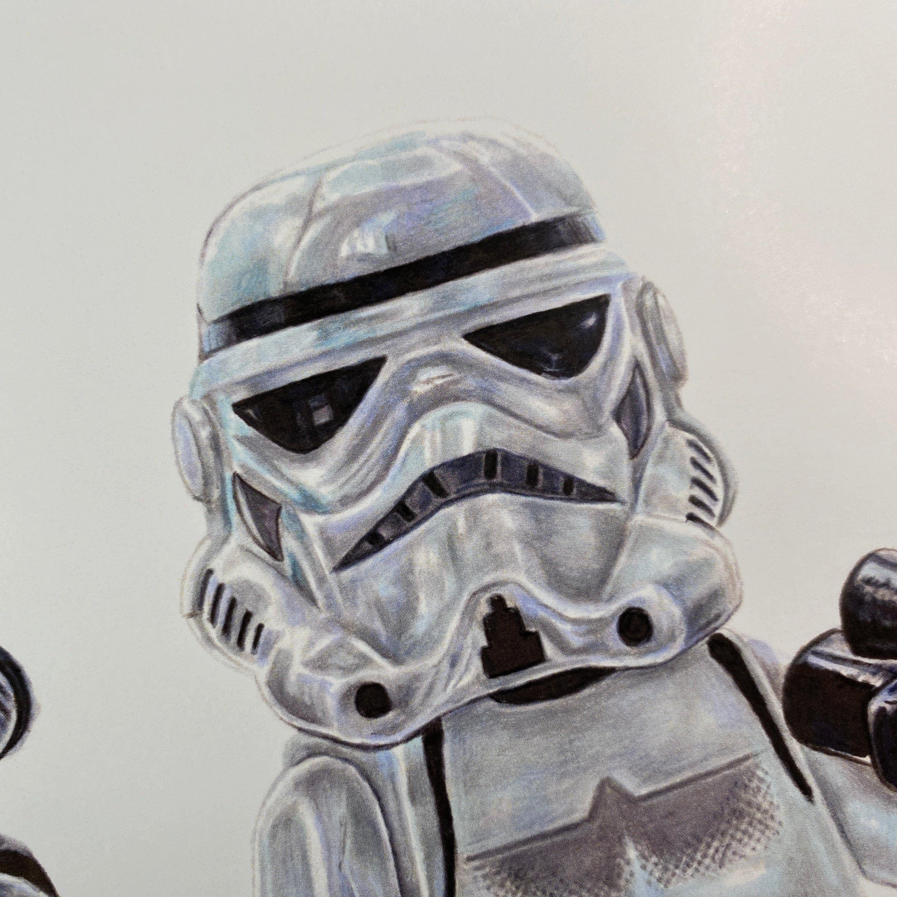 close up of realistic pencil drawing of LEGO stormtrooper helmet