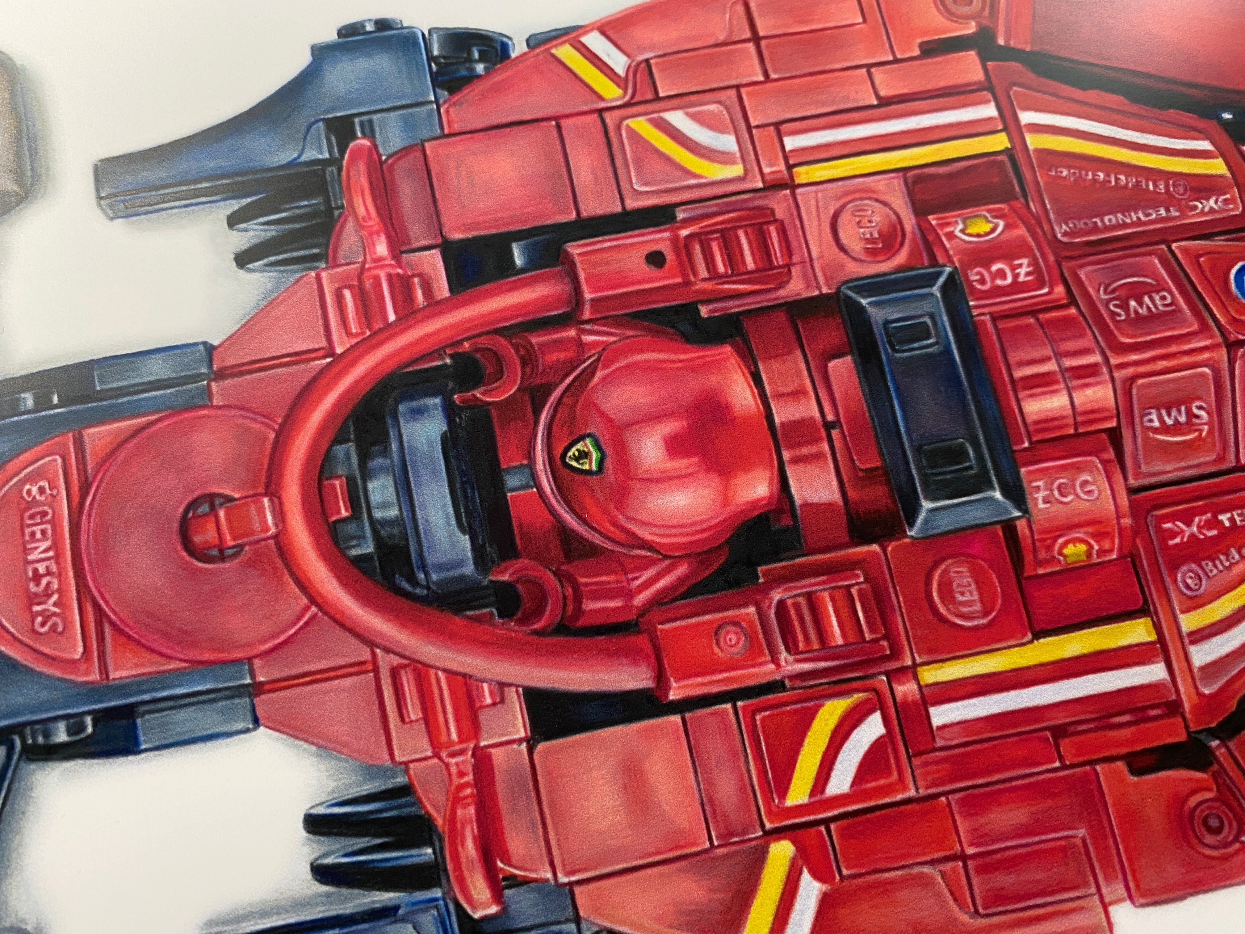 close up of the Ferrari F1 car driver on my realistic drawing of the LEGO Ferrari F1 car