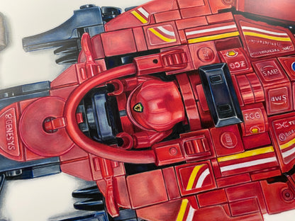 close up of the Ferrari F1 car driver on my realistic drawing of the LEGO Ferrari F1 car
