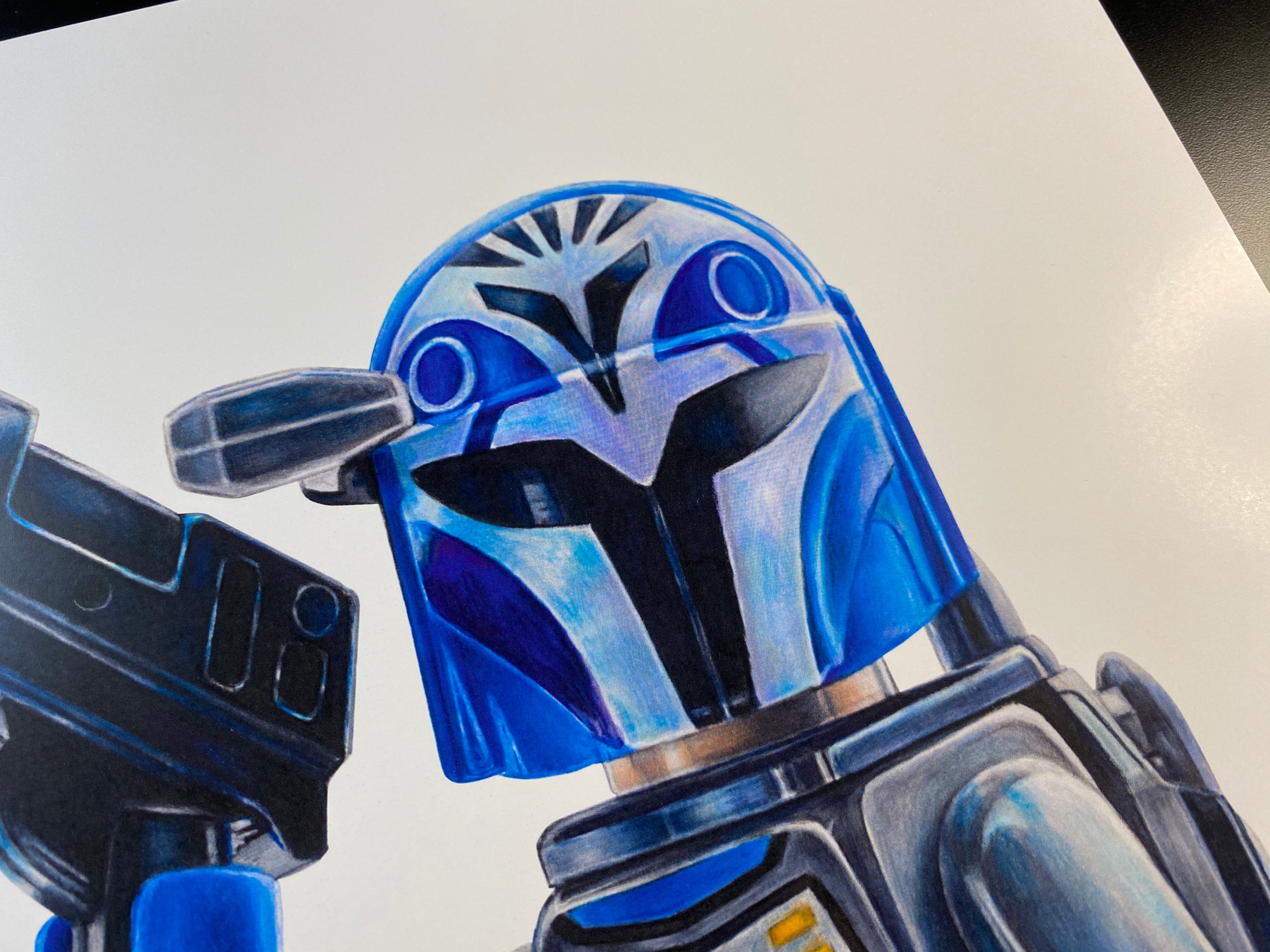 limited edition art print of my coloured pencil drawing of the LEGO Bokatan Minifigure from starwars the mandalorian by tom mothersole lego art