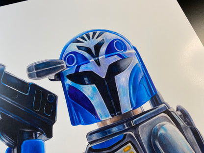 limited edition art print of my coloured pencil drawing of the LEGO Bokatan Minifigure from starwars the mandalorian by tom mothersole lego art