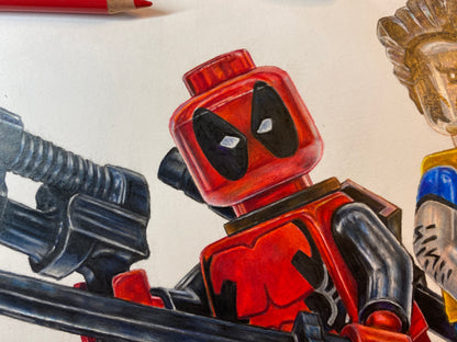 Limited edition art print of tom mothersoles realistic coloured pencil drawing of the LEGO Deadpool and Wolverine Minifigures marvel fan art