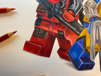 Limited edition art print of tom mothersoles realistic coloured pencil drawing of the LEGO Deadpool and Wolverine Minifigures marvel fan art