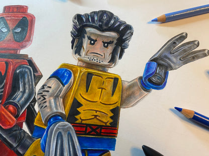Limited edition art print of tom mothersoles realistic coloured pencil drawing of the LEGO Deadpool and Wolverine Minifigures marvel fan art