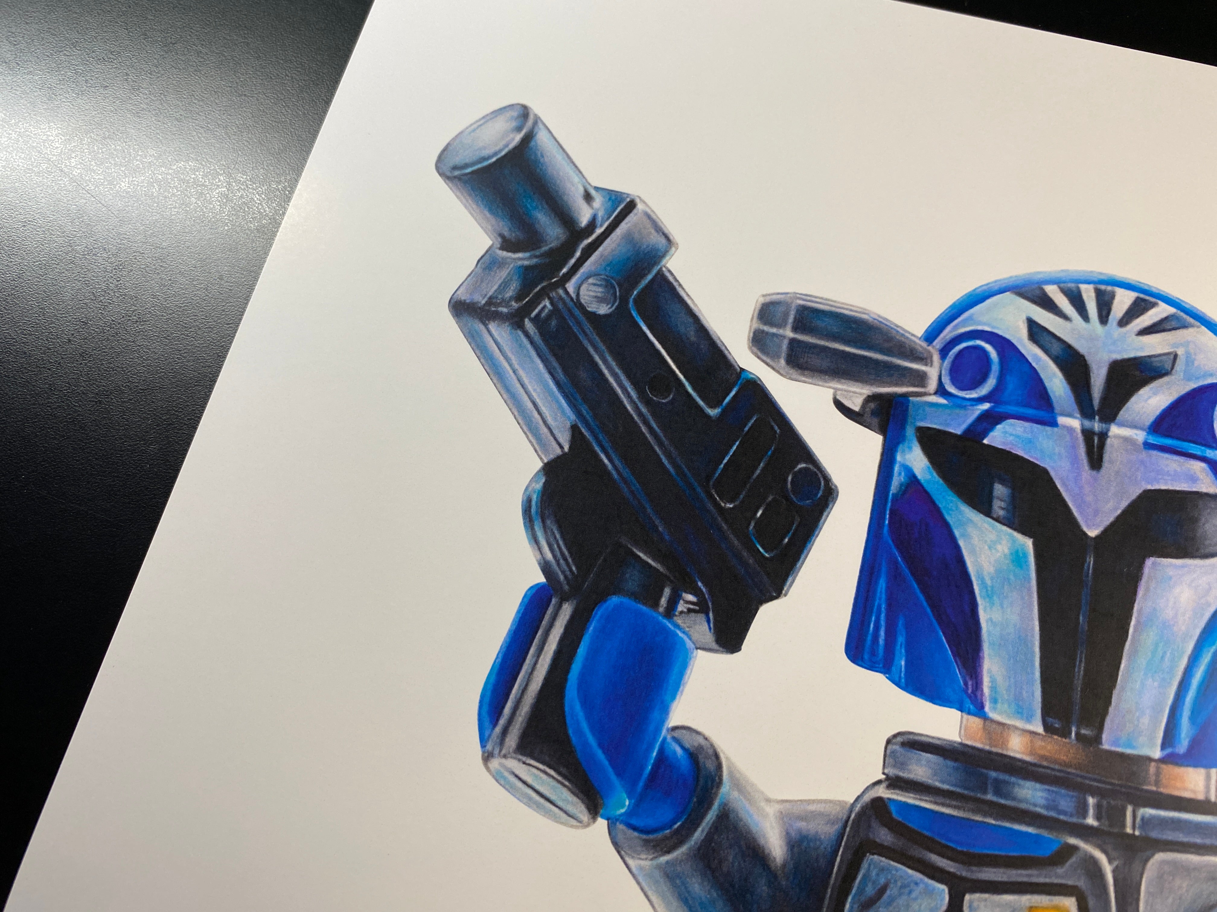 limited edition art print of my coloured pencil drawing of the LEGO Bokatan Minifigure from starwars the mandalorian by tom mothersole lego art