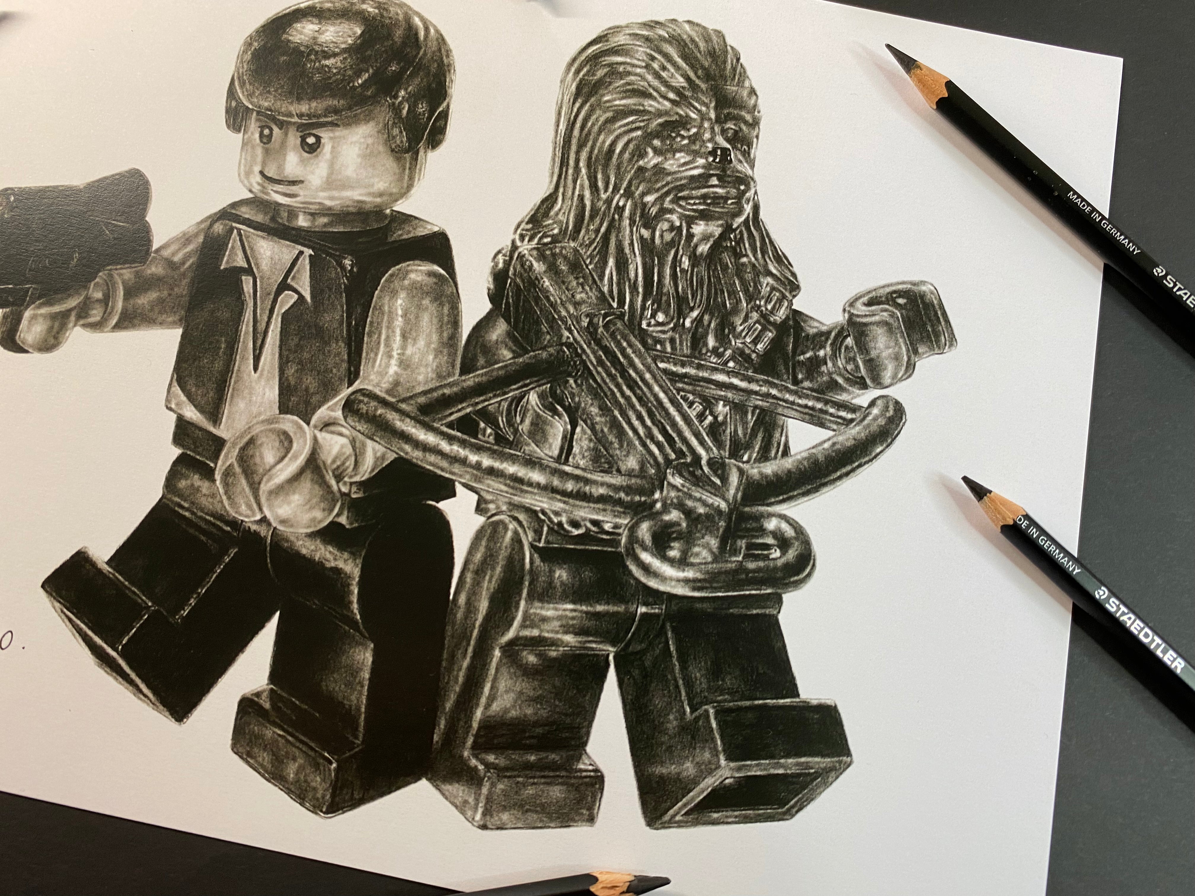 signed limited edition art print of LEGO starwars Han Solo and chewbacca pencil drawing lego art by tom mothersole