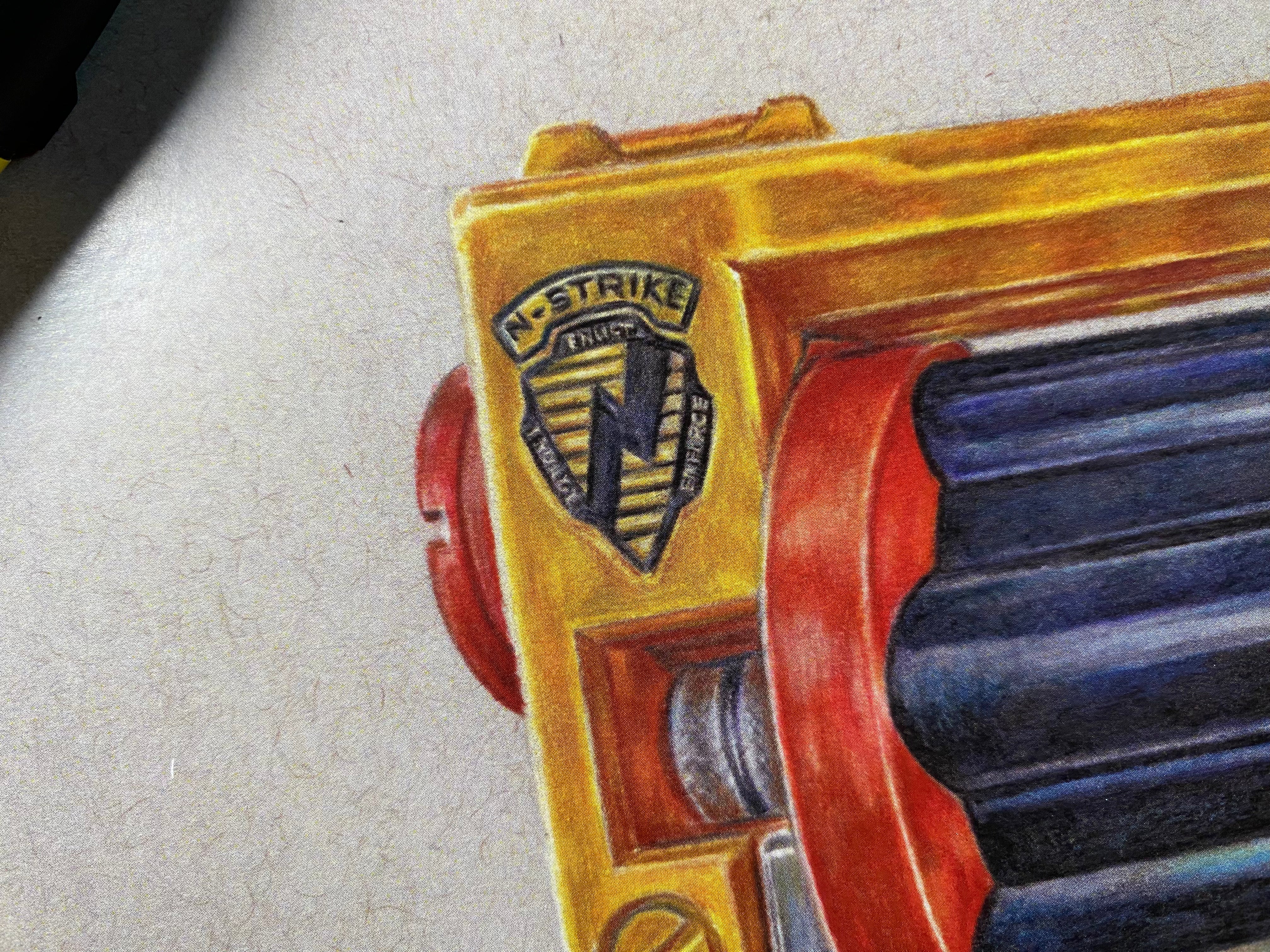 limited edition art print of realistic coloured pencil drawing of the Nerf Maverick blaster by tom mothersole 