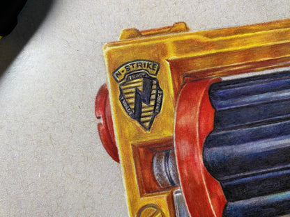 limited edition art print of realistic coloured pencil drawing of the Nerf Maverick blaster by tom mothersole 