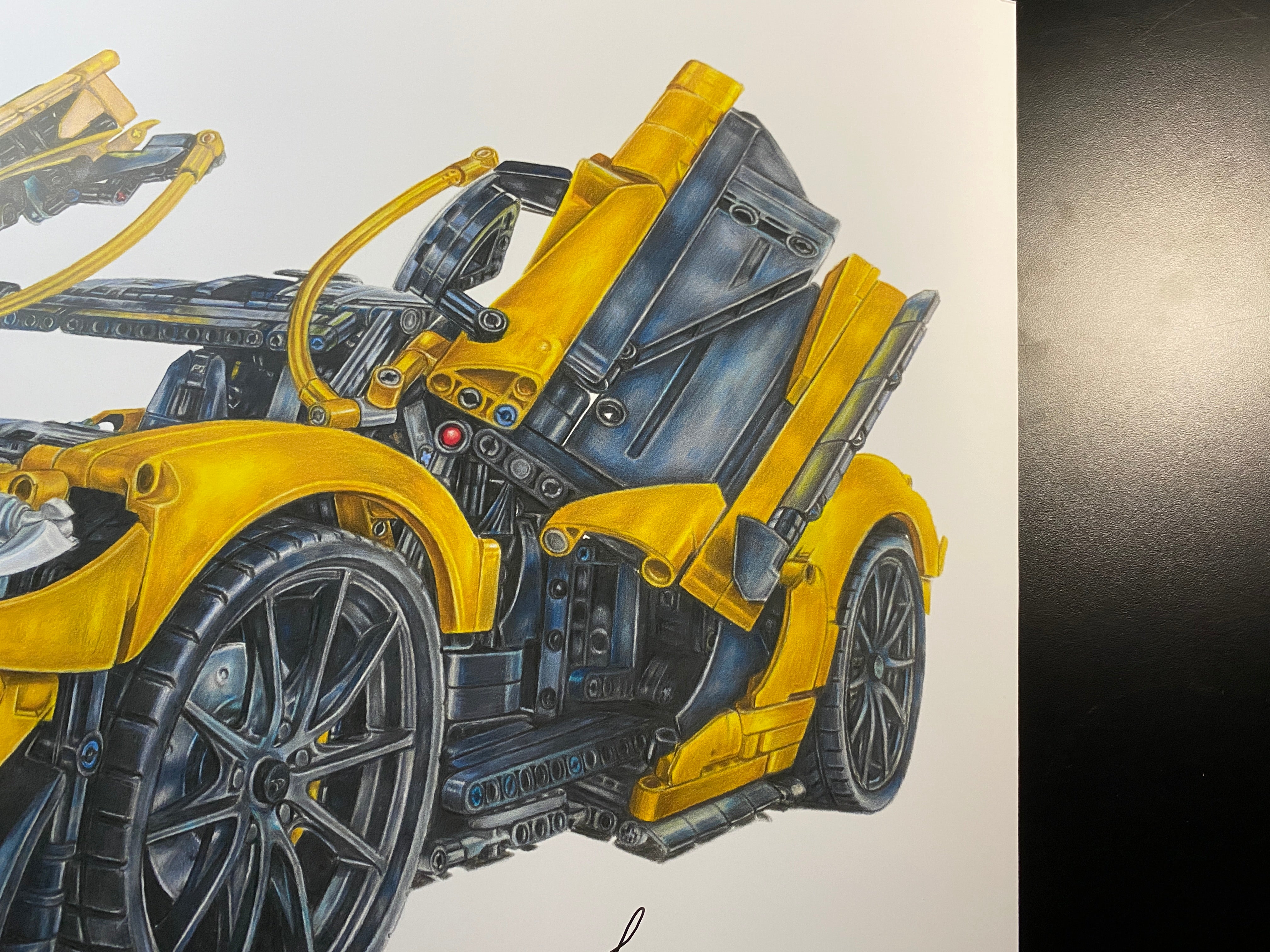 A4 signed limited edition art print of a realistic coloured pencil drawing of the yellow LEGO Technic McLaren P1 super car model by tom mothersole