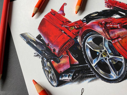 limited edition art print of realistic coloured pencil drawing of the LEGO Technic Ferrari Daytona SP3 super car by tom mothersole lego art