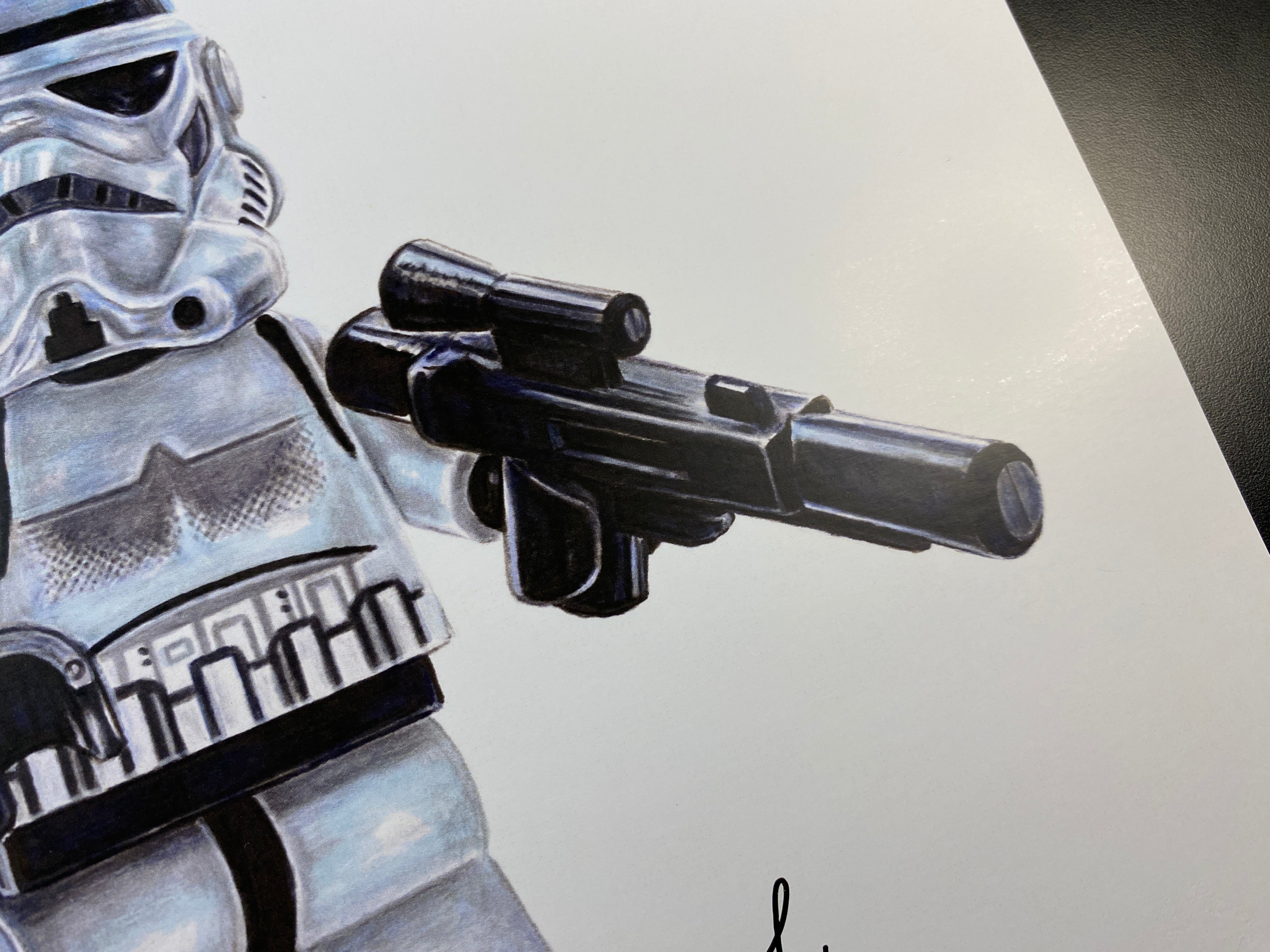 limited edition art print of my realistic coloured pencil drawing of the LEGO Shadowtrooper and stormtrooper Minifigures from starwars lego art by tom mothersole
