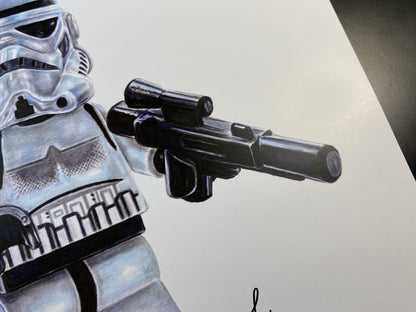 limited edition art print of my realistic coloured pencil drawing of the LEGO Shadowtrooper and stormtrooper Minifigures from starwars lego art by tom mothersole