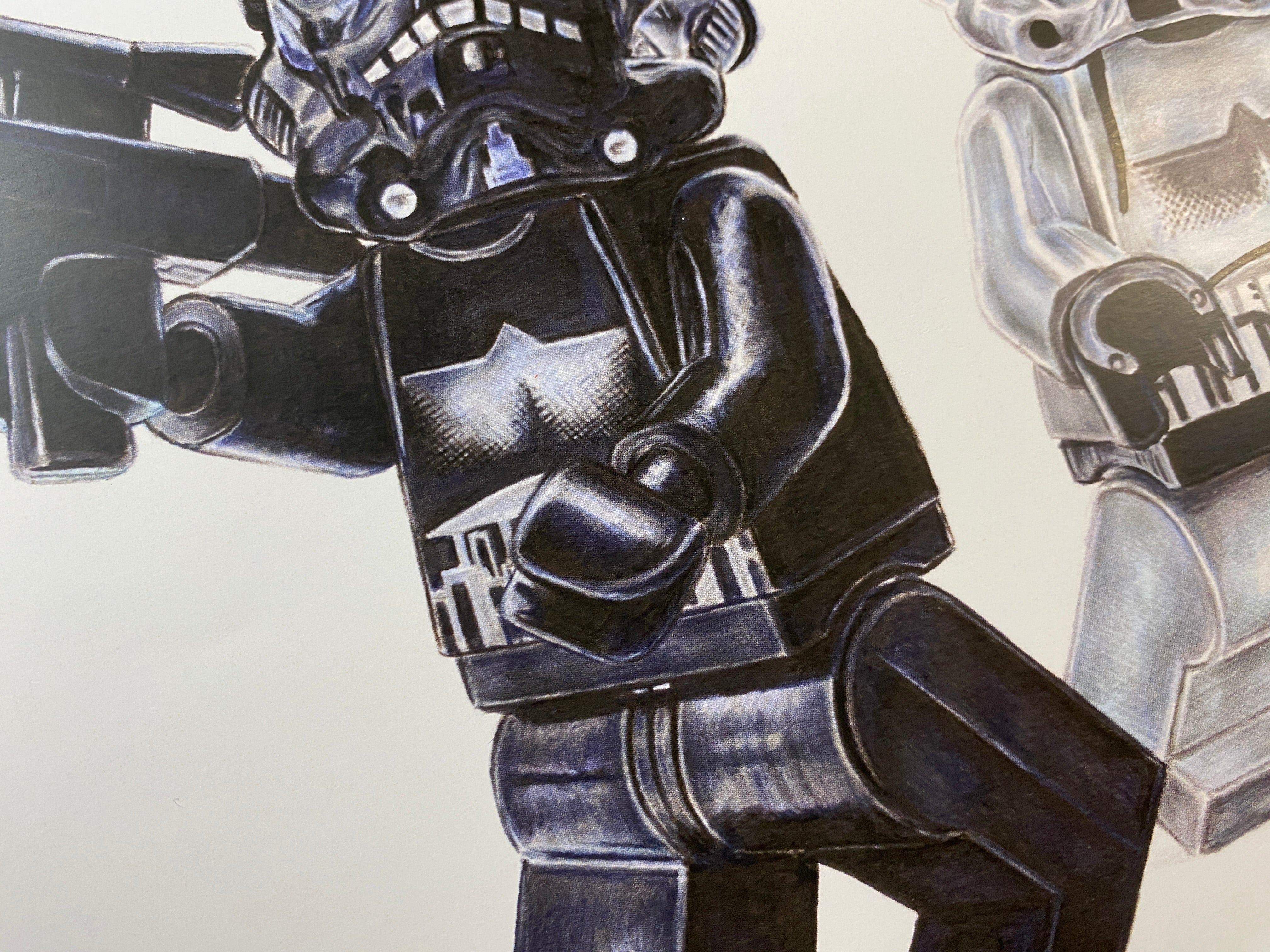 limited edition art print of my realistic coloured pencil drawing of the LEGO Shadowtrooper Minifigures from starwars lego art by tom mothersole