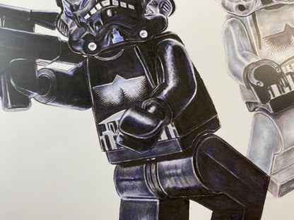 limited edition art print of my realistic coloured pencil drawing of the LEGO Shadowtrooper Minifigures from starwars lego art by tom mothersole