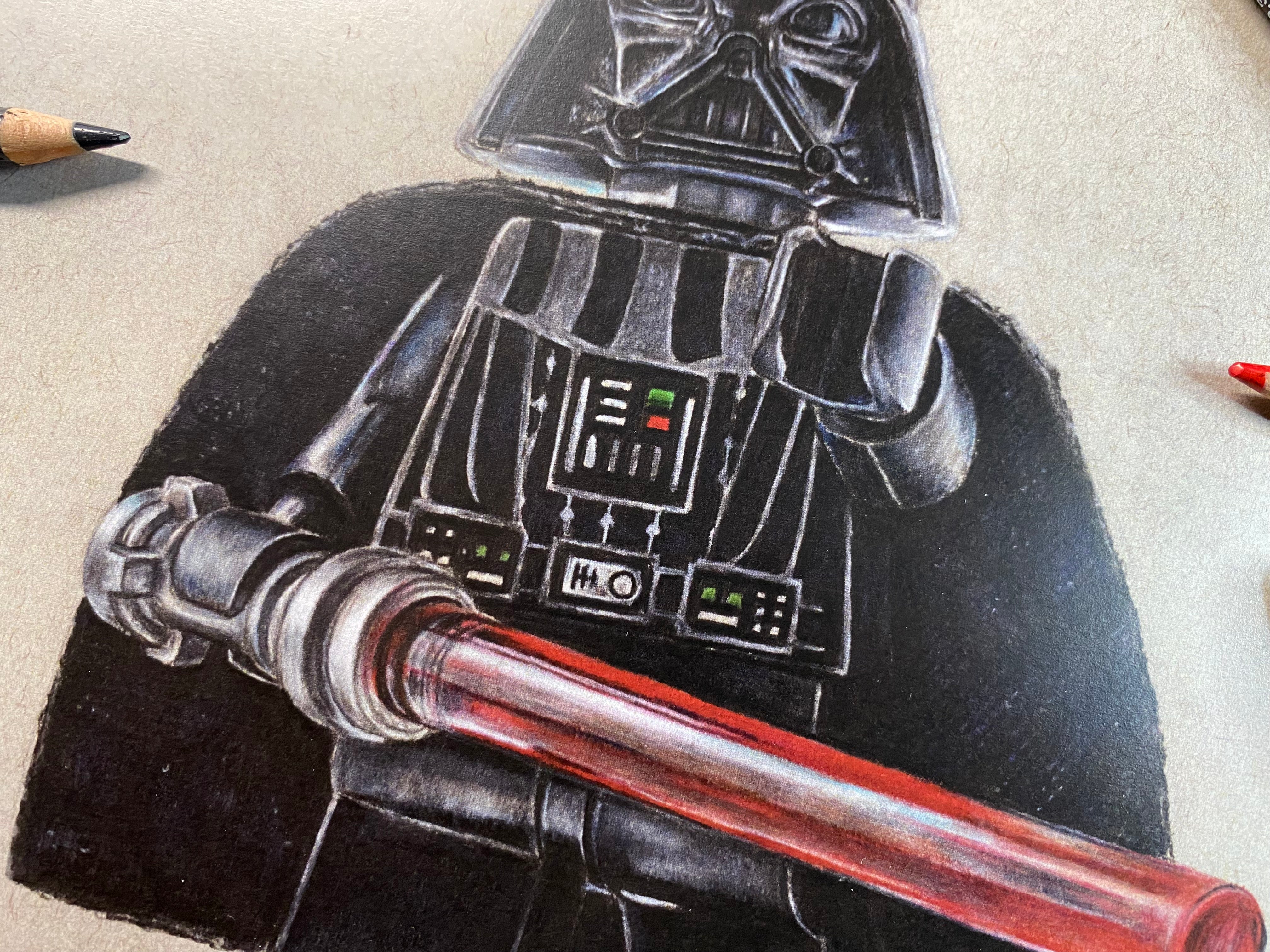 Limited edition art print of my realistic coloured pencil drawing of the LEGO Darth Vader Minifigure from starwars by tom mothersole lego art