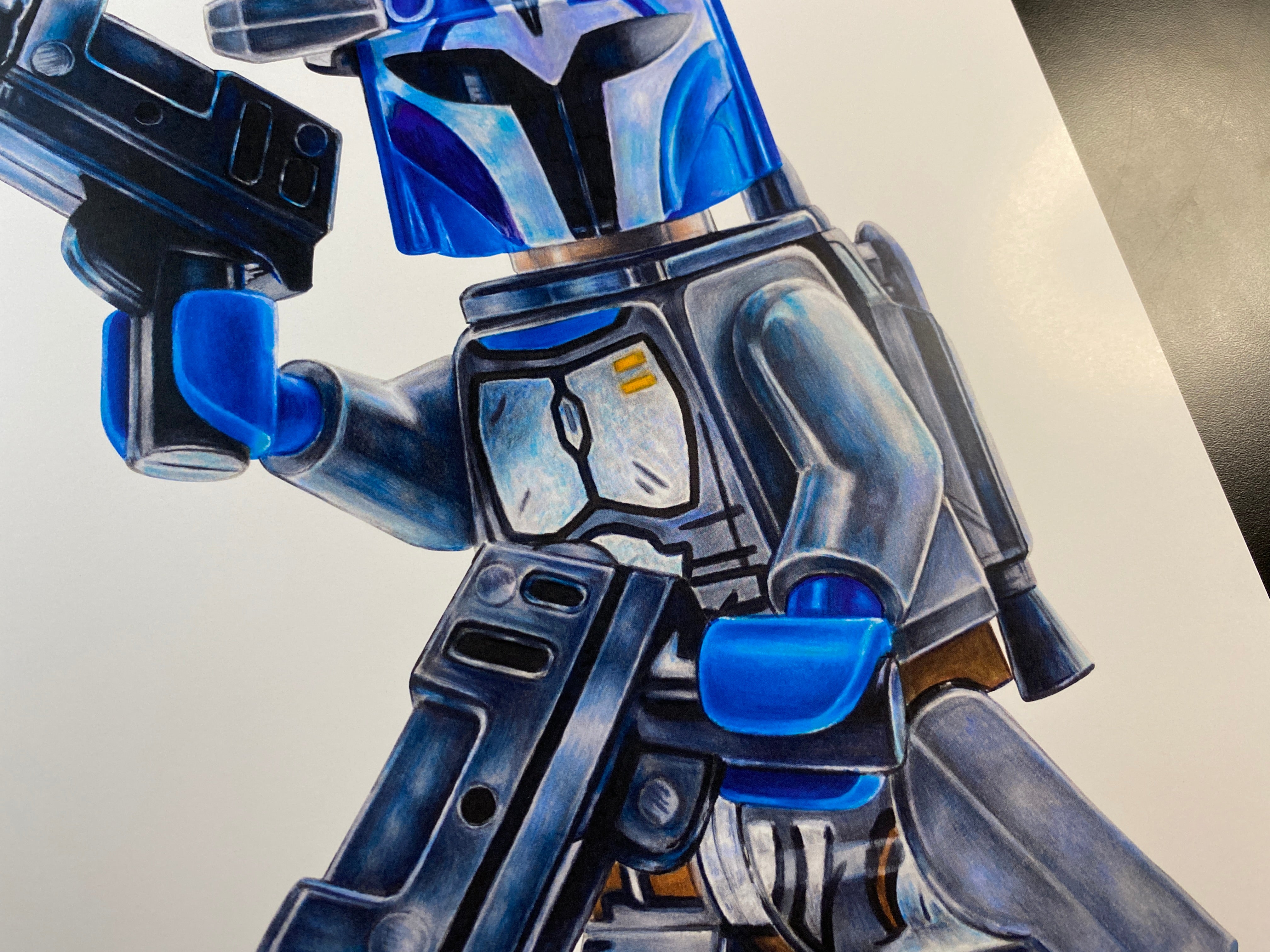 limited edition art print of my coloured pencil drawing of the LEGO Bokatan Minifigure from starwars the mandalorian by tom mothersole lego art