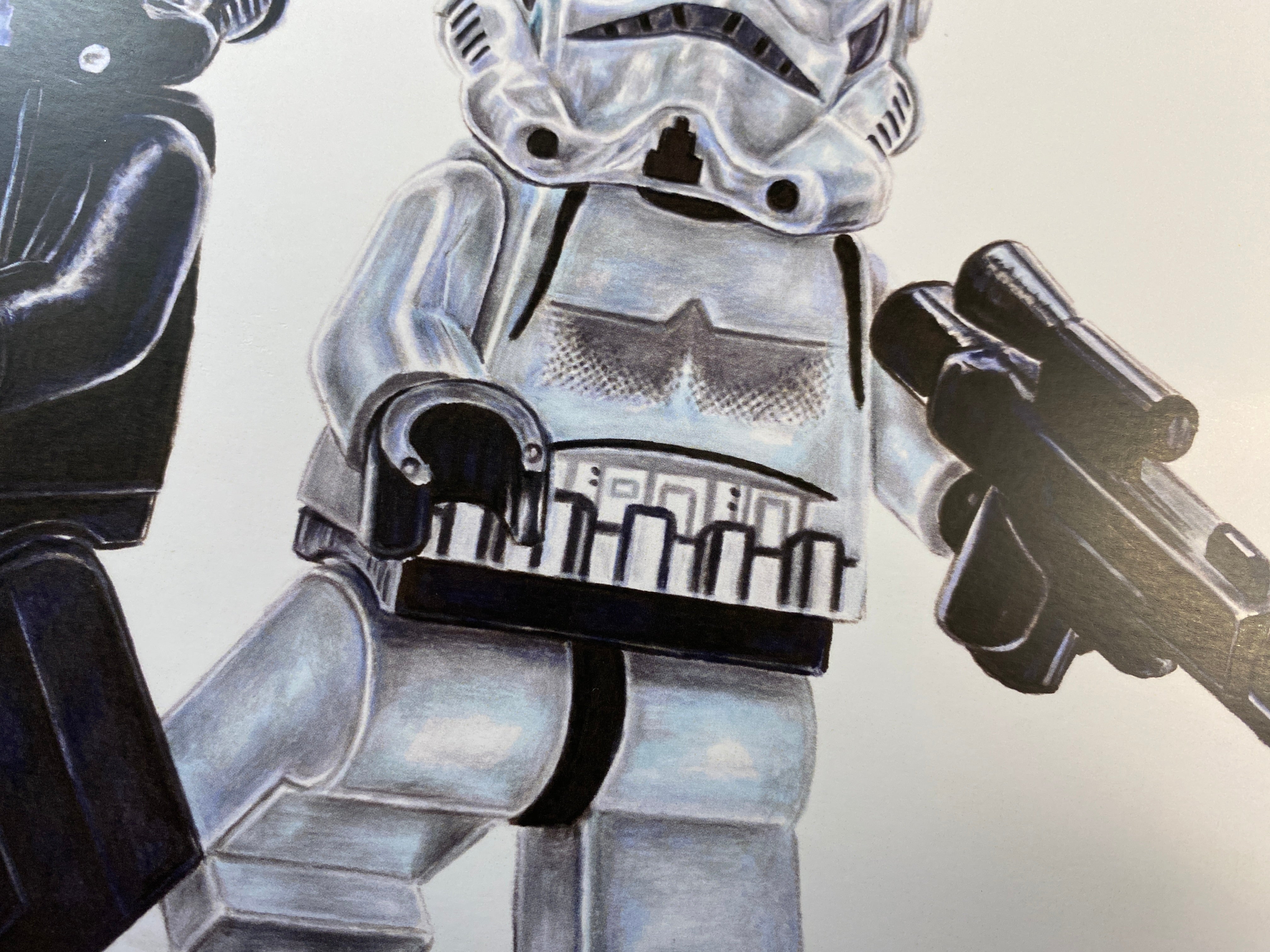 limited edition art print of my realistic coloured pencil drawing of the LEGO  stormtrooper Minifigures from starwars lego art by tom mothersole